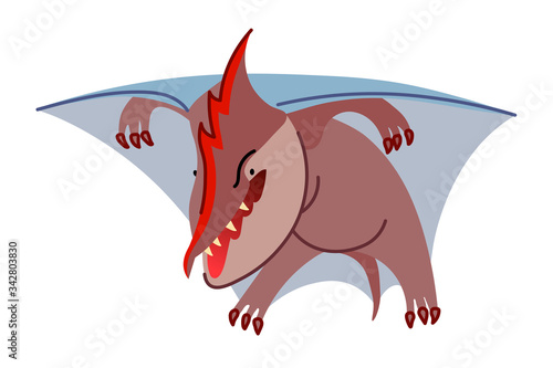 prehistoric reptile of the Jurassic period, flying purple pterodactyl with blue wings, funny character, color vector illustration isolated on white background in cartoon and hand drawn style