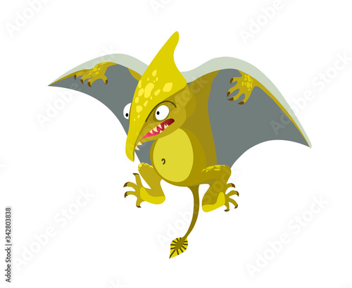 prehistoric reptile of the Jurassic period, flying yellow green pterodactyl with grey wings, funny character, color vector illustration isolated on white background in cartoon and hand drawn style