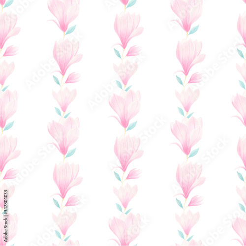  Watercolor hand drawn seamless pattern with magnolia flowers on white background. Spring, summer season textile collection. Perfect for fabric, wrapping paper, wedding invitations. Pink flowers.