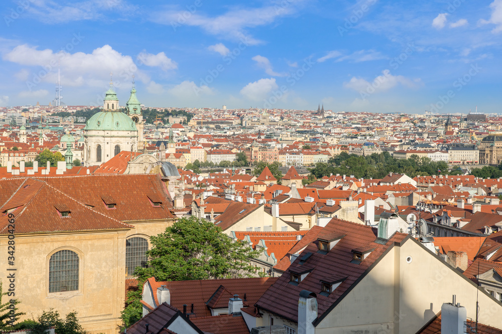 Old Town architecture with red roofs in Prague,Top view to red roofs skyline of Prague city,
