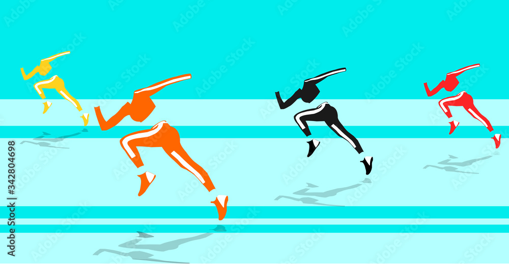 Illustration of body shape of Sporty women in fashionable sportswear running Competition, Group of Athlete Sprinter Sportswomen Team Run Marathon Distance or Sport Jogging Tournament Race on Stadium,