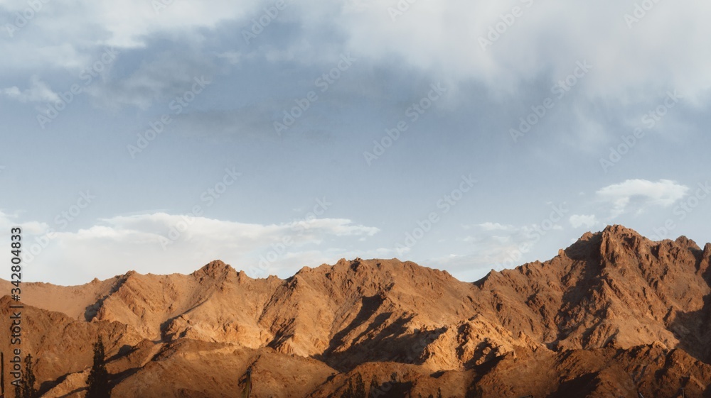 A landscape shot of mountains and valleys