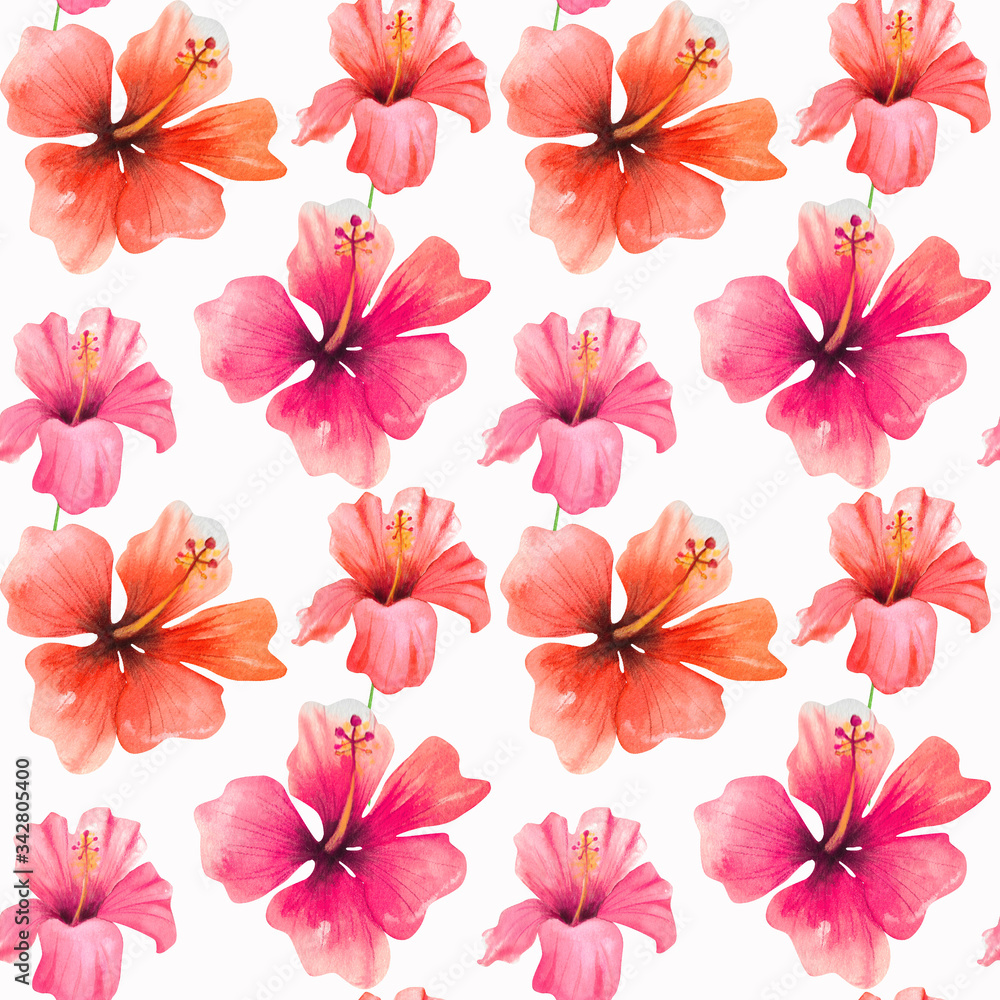 Beautiful tropical flowers seamless pattern. Hand drawn watercolor elements isolated on white background.