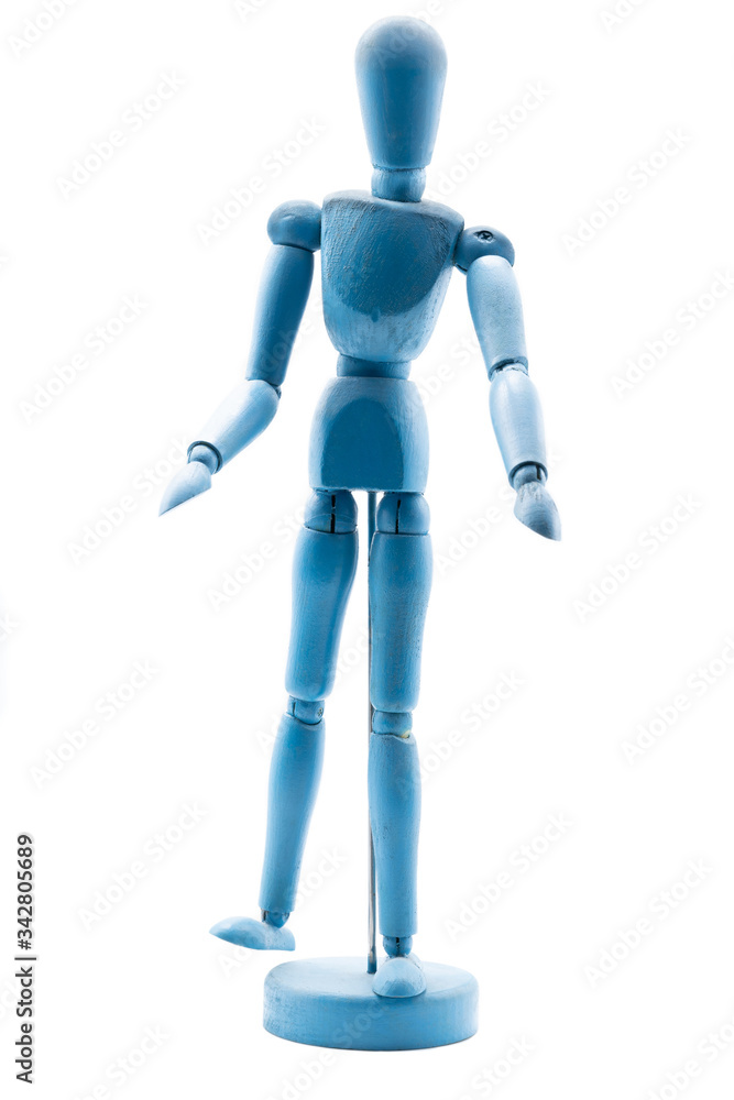 Blue standing wooden puppet Check hand with the other person, white background or isolated Blue standing wooden puppet Check hand with the other person, white background or isolated