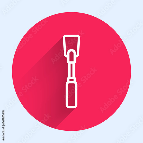 White line Leather whip icon isolated with long shadow. Fetish accessory. Sex toy for adult. Red circle button. Vector Illustration