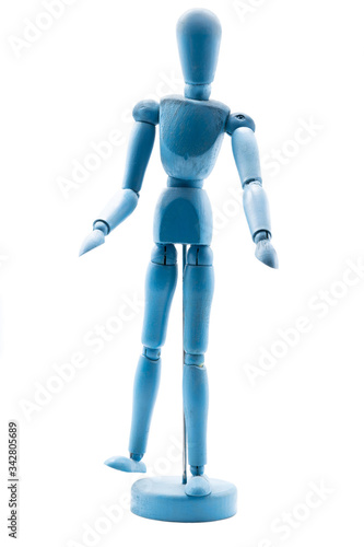 Blue standing wooden puppet Check hand  with the other person  white background or isolated