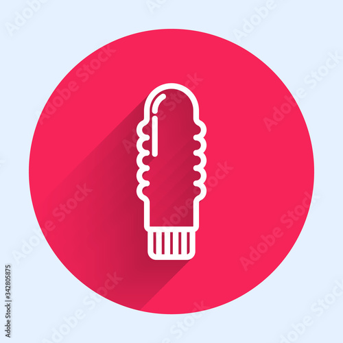 White line Dildo vibrator for sex games icon isolated with long shadow. Sex toy for adult. Vaginal exercise machines for intimate. Red circle button. Vector Illustration