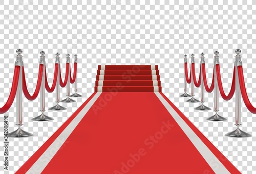 Red carpet on stairs with red ropes on silver stanchions
