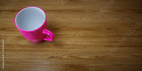 3D render. Bright cup on a wooden brown table or shelf.