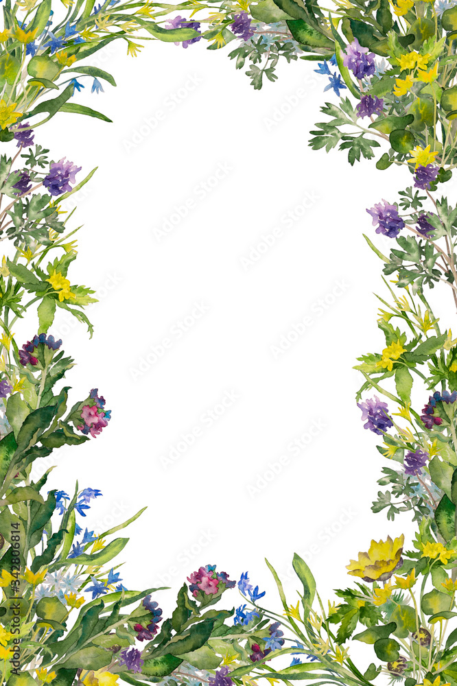 Fototapeta premium Frame with spring flowers. Watercolor background with blossoming Lungwort, Corydalis, Snowdrop, Adonis, Kaluzhnitsa.