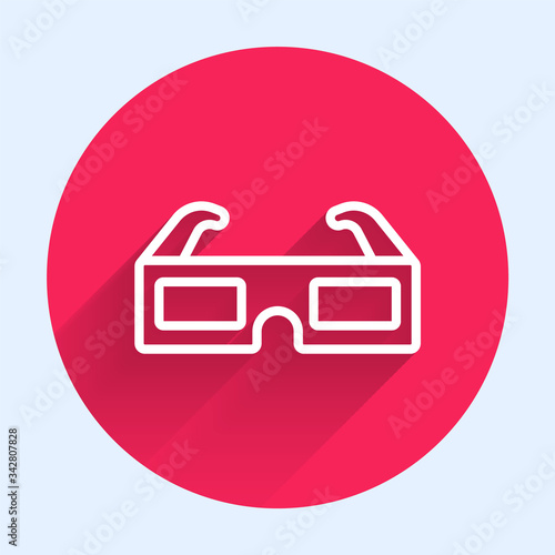 White line 3D cinema glasses icon isolated with long shadow. Red circle button. Vector Illustration
