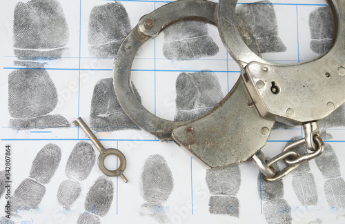 Police Handcuffs on fingerprints crime page file Crime and violence concept