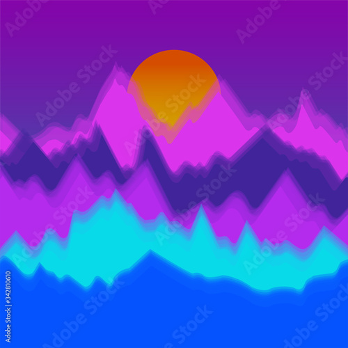 Vector colorful landscape with silhouettes of mountains and sun. Abstract nature background. Vector illustration