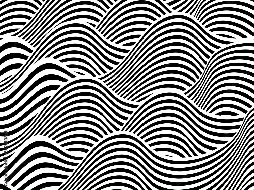 Abstract background with black and white striped, futuristic waves. Geometrical pattern. Vector illustration