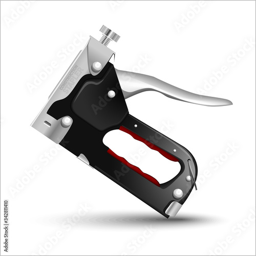 Stapler for construction work. Vector illustration. Black color stapler gun on white background