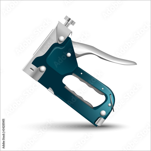 Stapler for construction work. Vector illustration. Blue color stapler gun on white background
