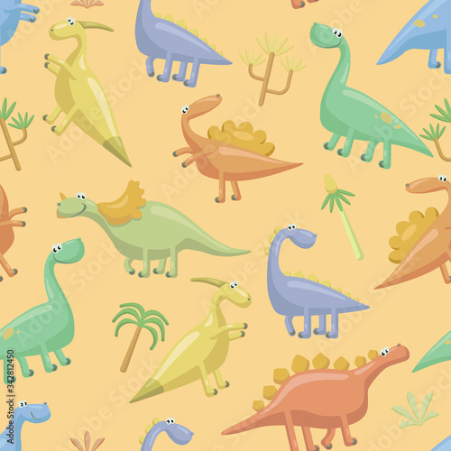 Dinosaurs flat vector seamless pattern on orange background.