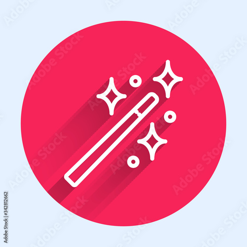 White line Magic wand icon isolated with long shadow. Star shape magic accessory. Magical power. Red circle button. Vector Illustration