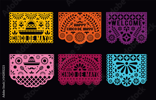 Vector Papel Picado cards set. Mexican paper decorations for party. Cut out compositions for paper garland. May 5, mexican holiday Cinco de mayo.