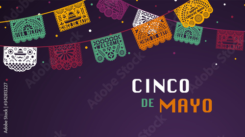 Happy Cinco de Mayo greeting banner with papel picado garland for mexico independence celebration. Traditional papercut flags with decorative elements. Folk art.