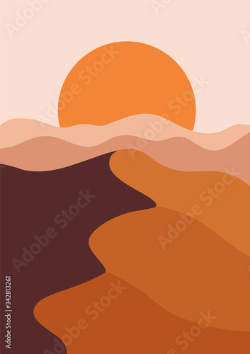 Desert landscape in a vertical format, warm beige colors. Vector illustration with sunset in mountains. Abstract landscape poster.