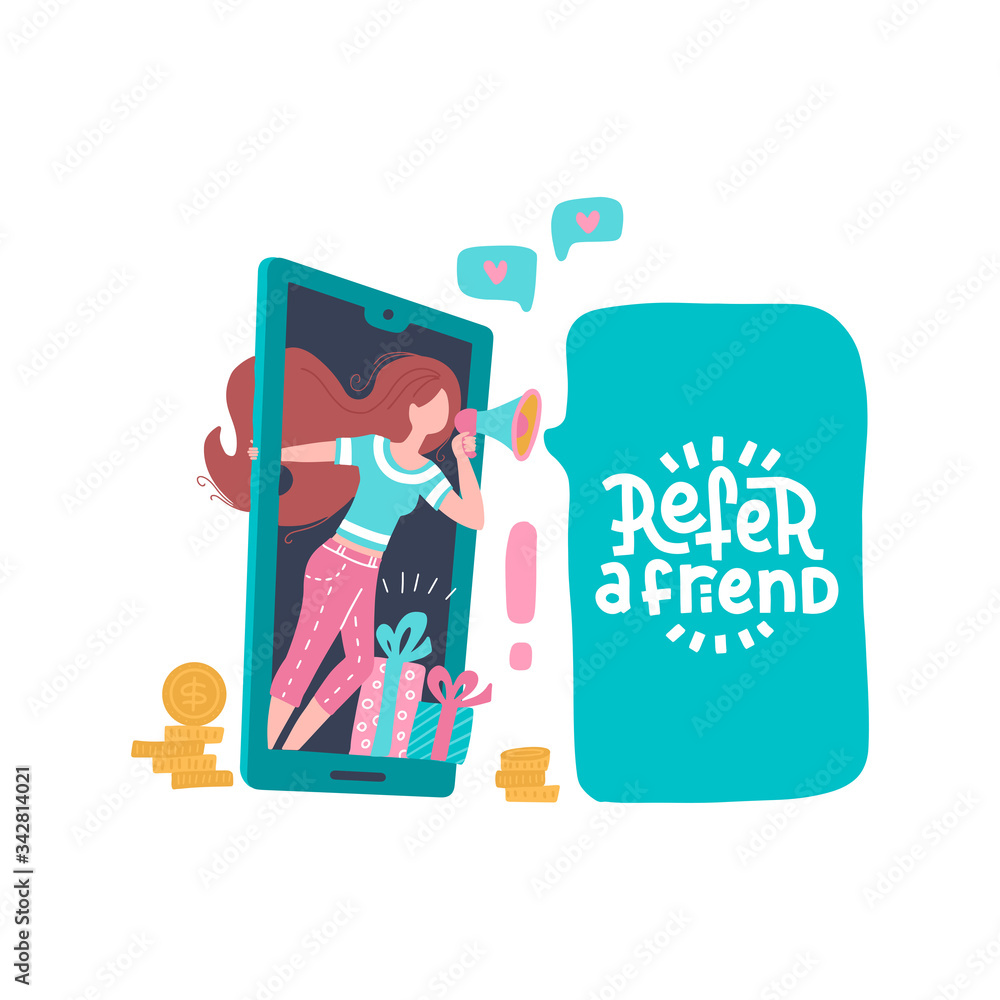 Cartoon vector illustration of woman with megaphone and speech bubble with lettering, female character influencer marketing concept blogger promotion services and goods for her followers online. Cartoon vector illustration of woman with megaphone and speech bubble with lettering, female character influencer marketing concept blogger promotion services and goods for her followers online.