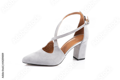 Elegant high heel grey woman shoes isolated on white background