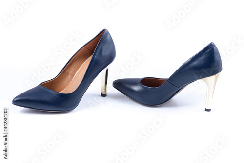 Elegant high heel navy blue woman shoes isolated on white background