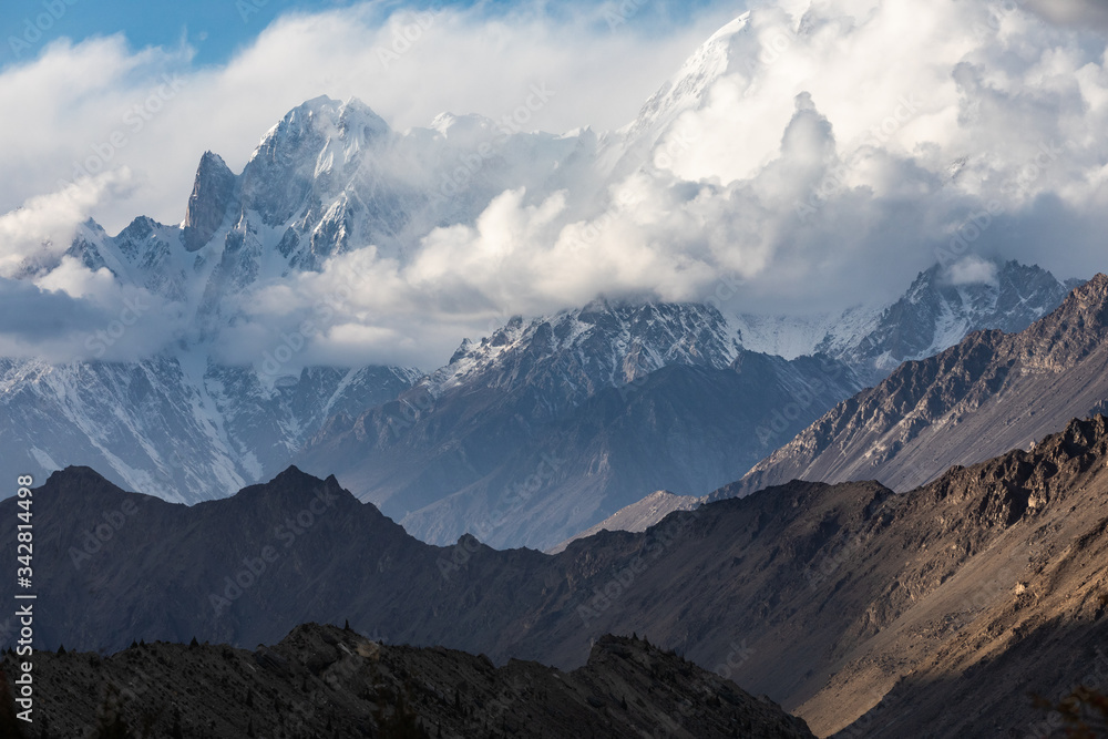 Karakoram mountain range panorama on the way to Rush lake cloudy day gradient