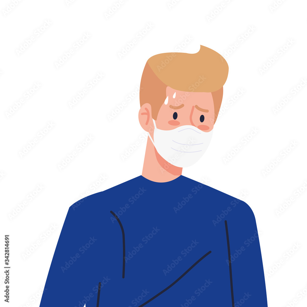 young man using face mask with fever isolated icon vector illustration design