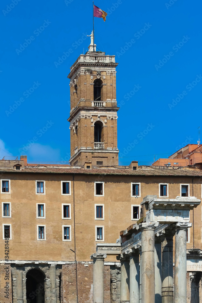 town hall of Rome with clock tower located on Capitolline hill.