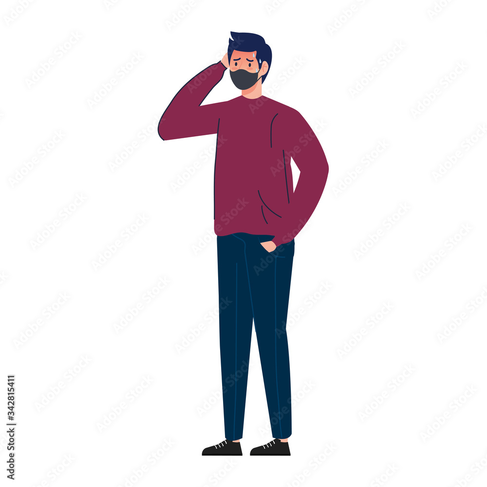 young man using face mask with fever isolated icon vector illustration design