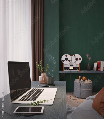 Workspace with laptop.Smart phone charging,vase,coffee cup on wooden desk.White and brown curtain with vintage style decorative on green wall.Work from home concept.3d rendering photo