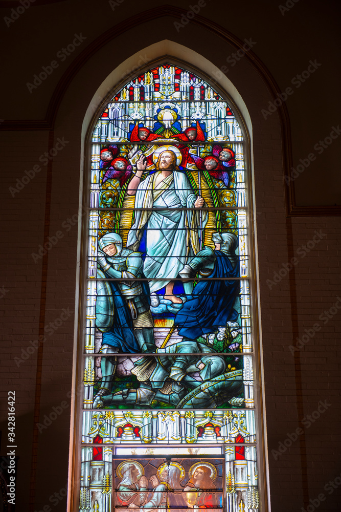 Stained glass of Saint Mary of the Assumption Parish Church at 5 Linden Pl at Harvard Street in Brookline Village, town of Brookline, Massachusetts MA, USA. 
