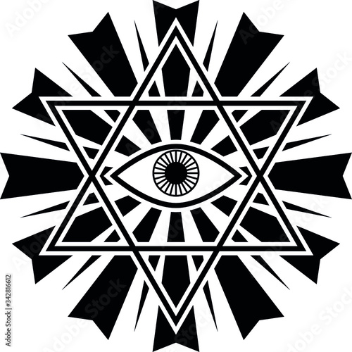 An all seeing eye of God in a stripped hexagram on a complex sun