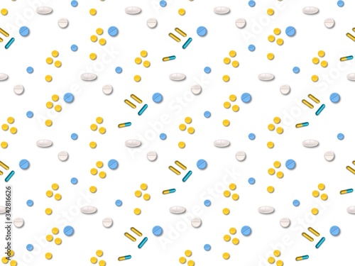  pills and tablets on a seamless spring pattern.