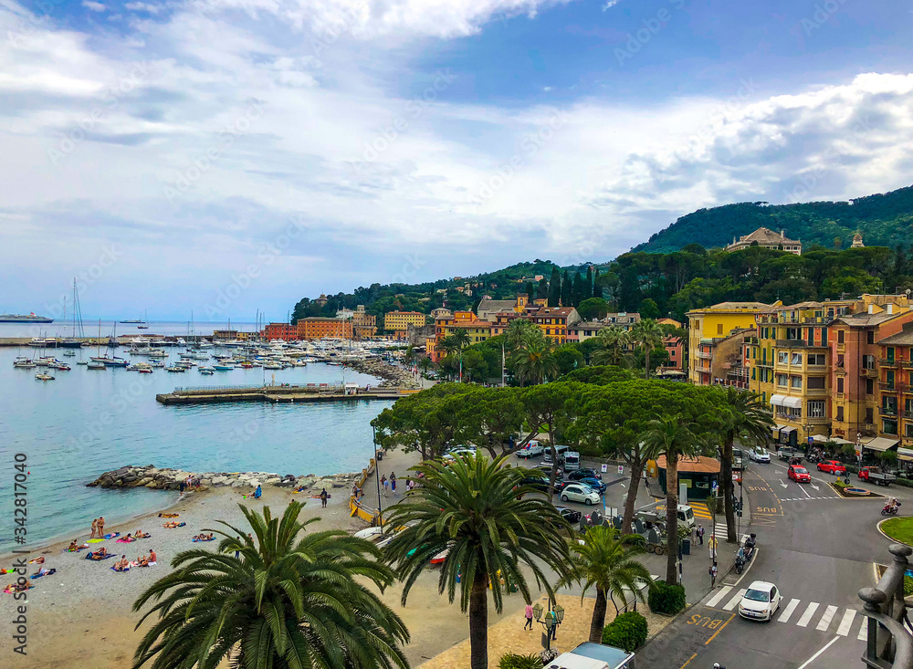 Scenic view of Santa Margherita Ligure harbor and promenade on the Italian Riviera. Beautiful mediterranean landscape, Italy, Liguria, Genoa, Europe.