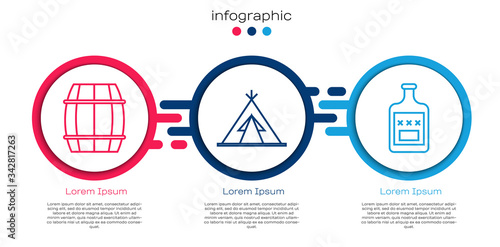 Set line Wooden barrel, Indian teepee or wigwam and Whiskey bottle. Business infographic template. Vector