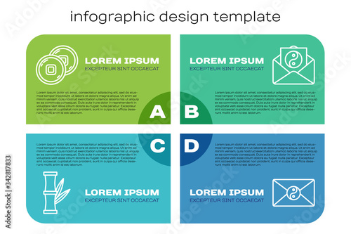 Set line Bamboo, Chinese Yuan currency, Yin Yang and envelope and Yin Yang and envelope. Business infographic template. Vector