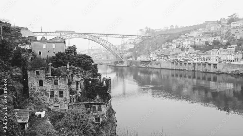 Abandoned buildings church and river. Porto old town ribeira. Black and white Abandoned buildings church and river. Porto old town ribeira. Black and white