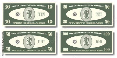 Obverse, US fictitious green paper money in denominations of  ten, twenty, fifty and one hundred dollars Part five