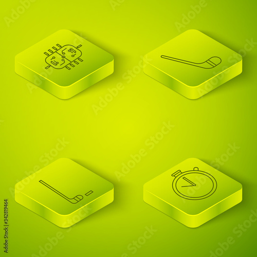 Set Isometric Ice hockey stick, Ice hockey stick and puck, Stopwatch and Hockey table icon. Vector