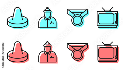 Set line Medal, Mallet for playing air hockey, Hockey coach and Retro tv icon. Vector