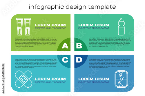 Set line Crossed bandage plaster, Crutch or crutches, Air hockey table and Fitness shaker. Business infographic template. Vector