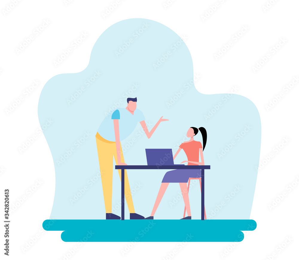 Сourses male explaining material vector. Person with explanation of tasks, tutor for students to be educated, distant study. Education concept. Vector Illustration 