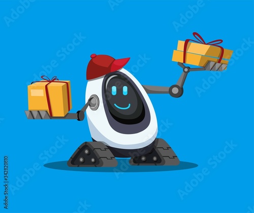 robot assistance carrying cardboard box package, courier robot delivery to customer in cartoon flat illustration vector