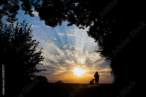 Dog walker and sunset with sun rays and clouds