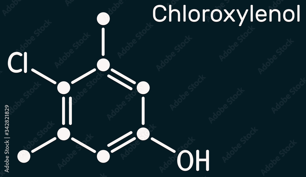 Chloroxylenol, C8H9ClO PCMX molecule. It is an antiseptic and disinfectant for skin disinfection and surgical instruments. Skeletal chemical formula on the dark blue background
