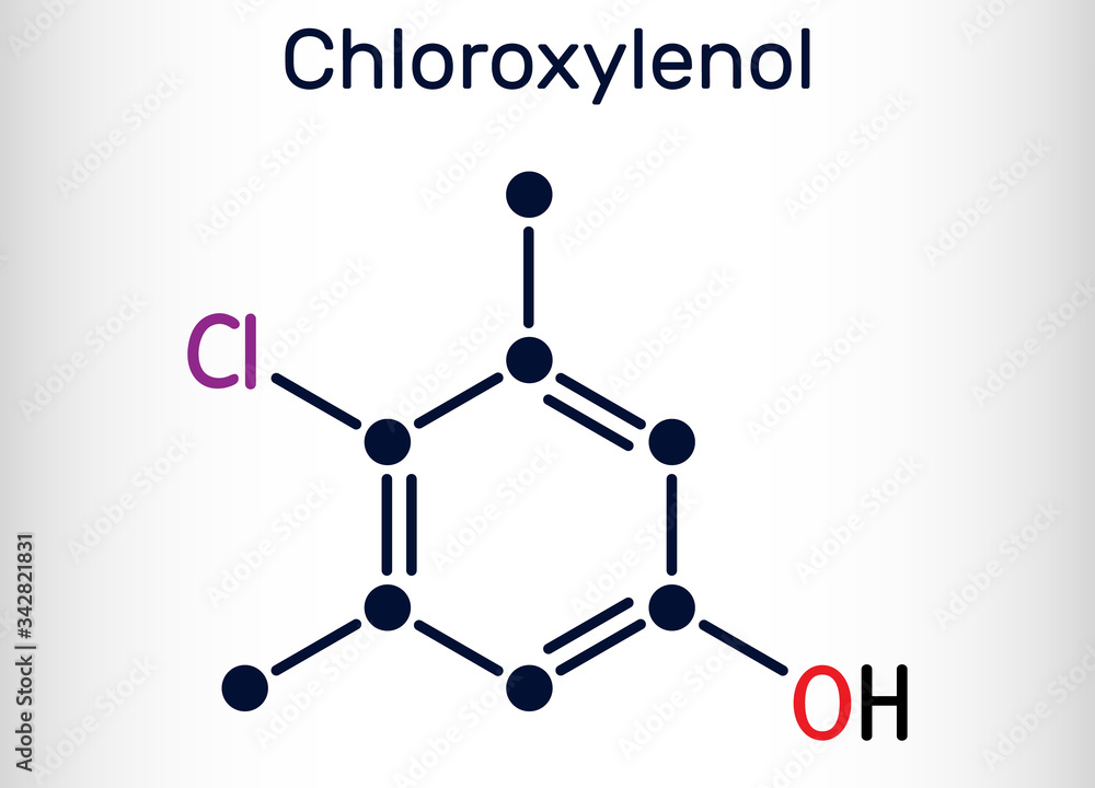 Chloroxylenol, C8H9ClO PCMX molecule. It is an antiseptic and disinfectant for skin disinfection and surgical instruments. Structural chemical formula Chloroxylenol, C8H9ClO PCMX molecule. It is an antiseptic and disinfectant for skin disinfection and surgical instruments. Structural chemical formula