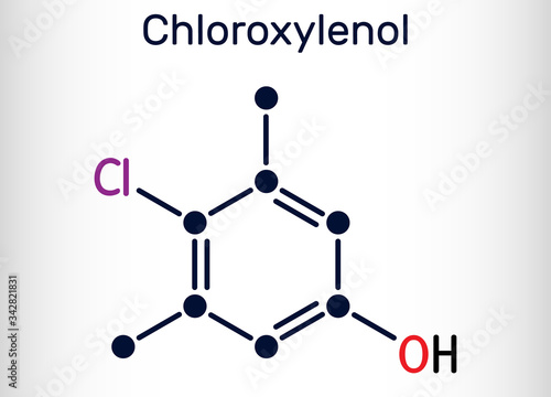 Chloroxylenol, C8H9ClO PCMX molecule. It is an antiseptic and disinfectant for skin disinfection and surgical instruments. Structural chemical formula